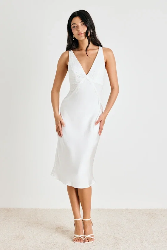 Image of Deloise White Satin Lace Slip Midi Dress