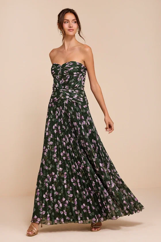 Image of Marlene Dark Green Floral Pleated Drop Waist Maxi Dress