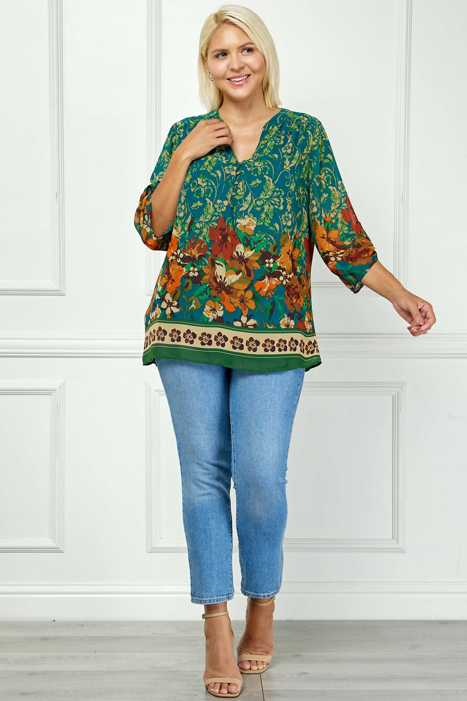 Image of 3/4 Tab Sleeve Mandarin Collar Print Blouse in Teal/Orange - Plus