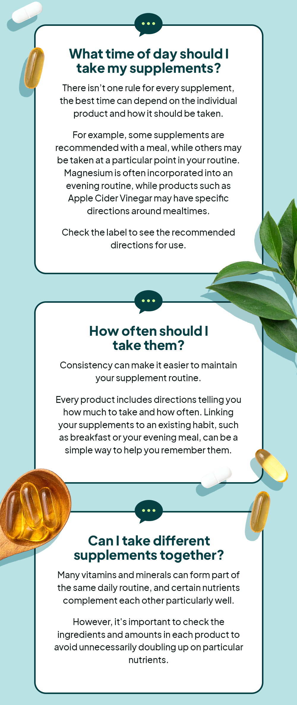 What time of day should I take my supplements, how often should I take them, can I take different supplements together?