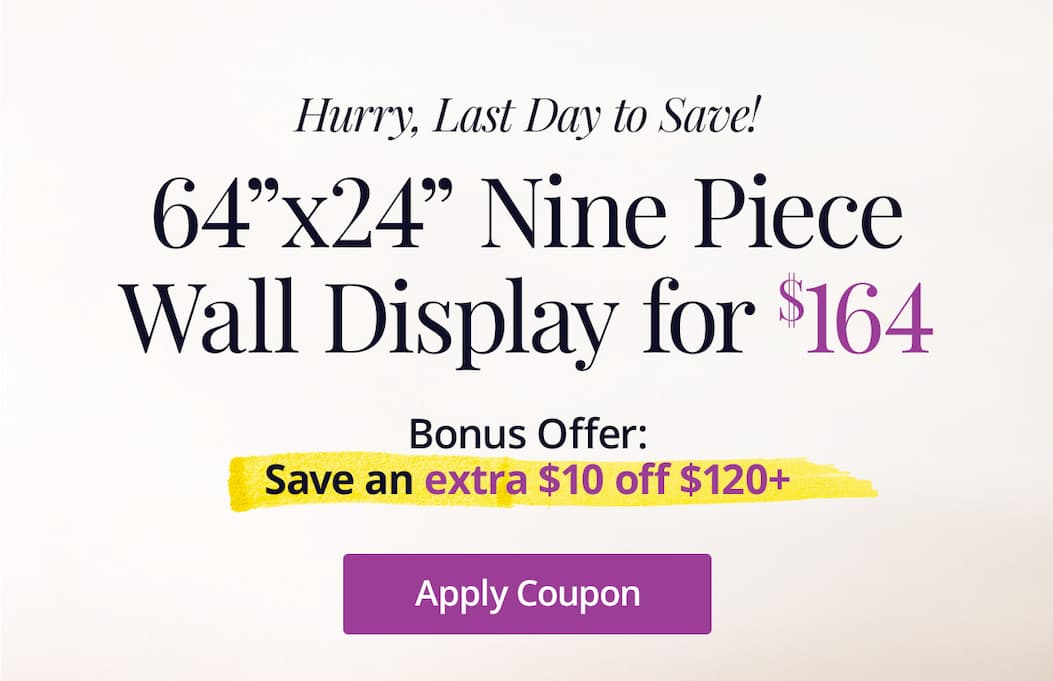 Hurry, last day to save! 64x24 Nine Piece Wall Display for $164! Bonus offer: Save an extra $10 off on orders $120 or more! Apply Coupon