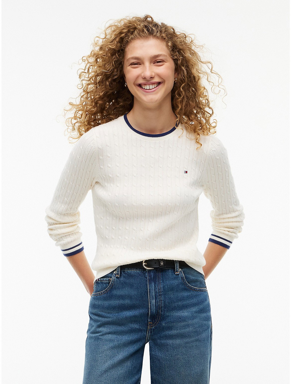 Image of Cable Knit Tipped Crewneck Sweater