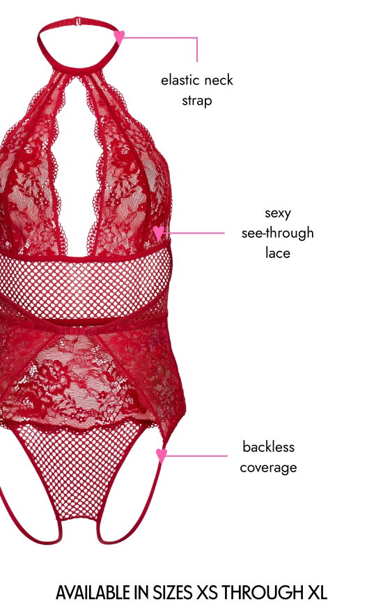 Elastic neck strap. Sexy see-through lace. Backless coverage. Available in sizes xs through xl.