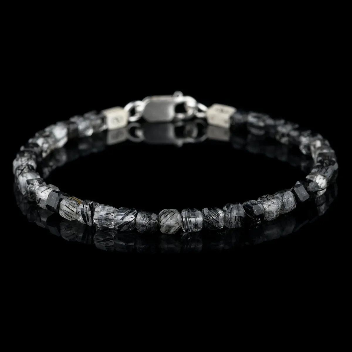 Tourmalinated Quartz Cube Bracelet I, 4mm, clear quartz cubes with black tourmaline needles inside