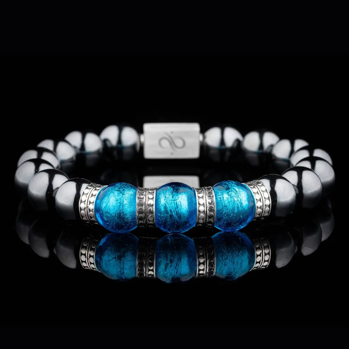 Blue Murano and Hematite Bracelet VI, 12mm, hand-blown azure glass against dark hematite