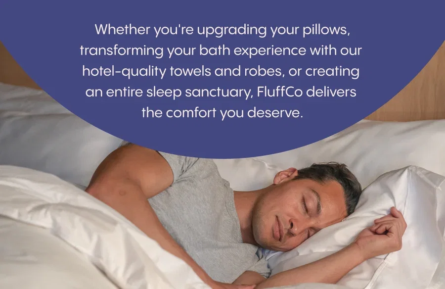 A medium shot shows a man sleeping peacefully on white pillows and bedding, with a dark blue overlay containing the text: Whether you're upgrading you...