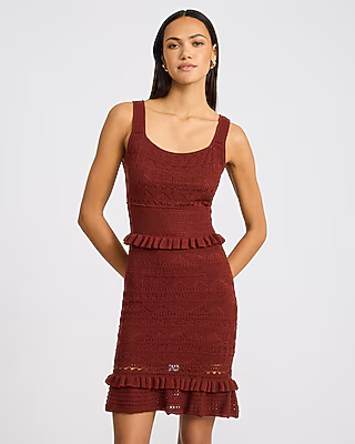Cotton Pointelle Scoop Neck Ruffle Trim Mini Sweater Dress