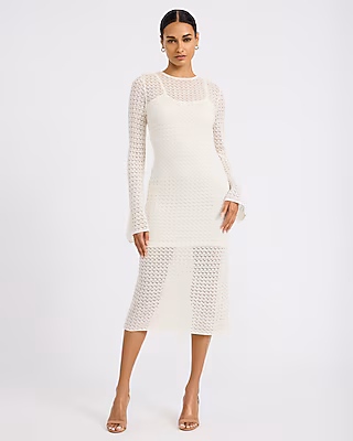 Pointelle Crew Neck Long Sleeve Lace Up Midi Sheath Dress