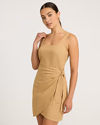 Linen-Blend Square Neck Wrap Tie Mini Sheath Dress