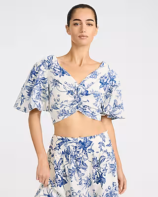 Cotton Poplin Floral Puff Sleeve Twist Front Crop Top