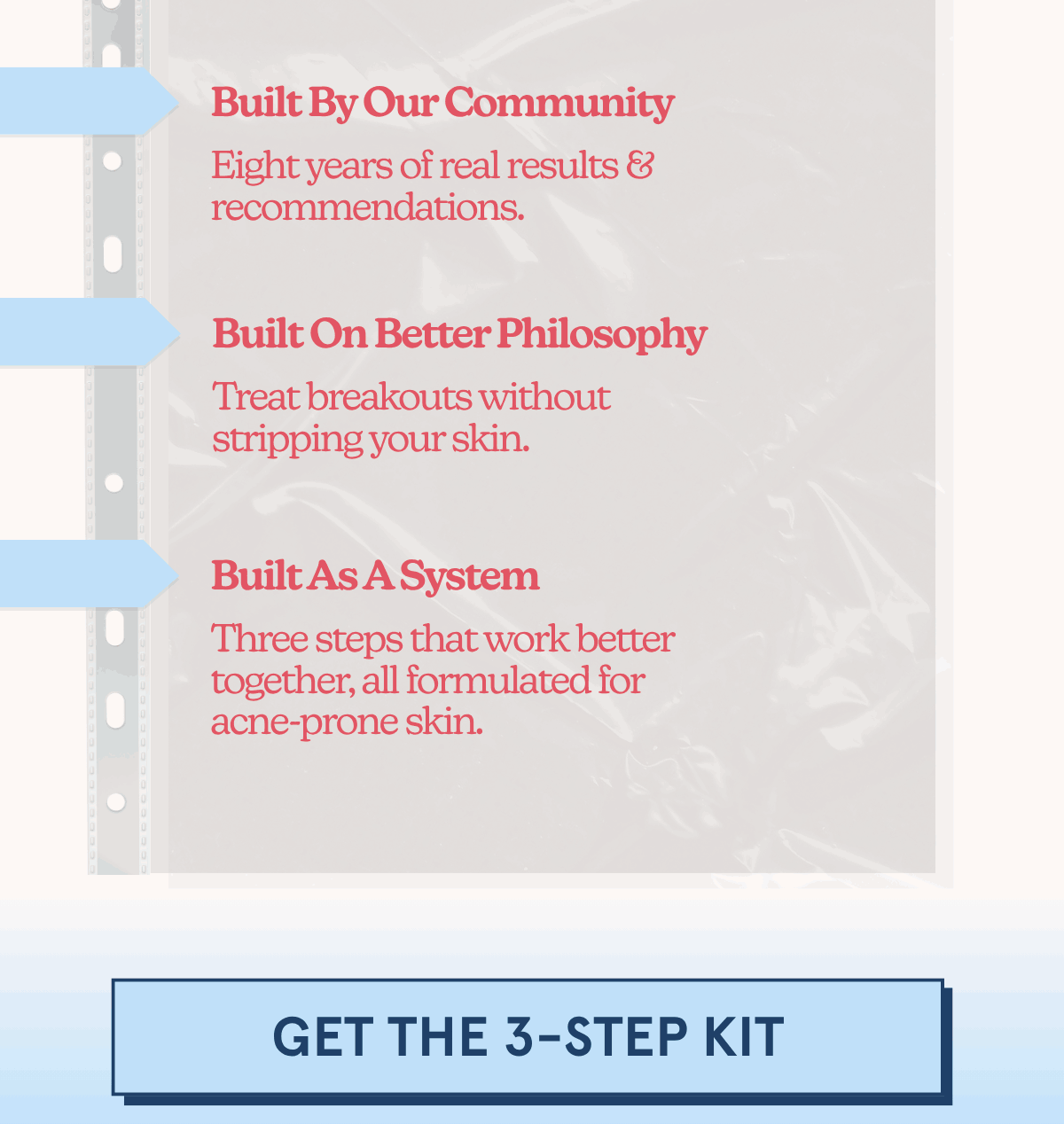 Built By Our Community: Eight years of real results & recommendations. | Built On Better Philosophy: Treat breakouts without stripping your skin. | Built As A System: Three steps that work better together, all formulated for acne-prone skin. [GET THE 3-STEP KIT]