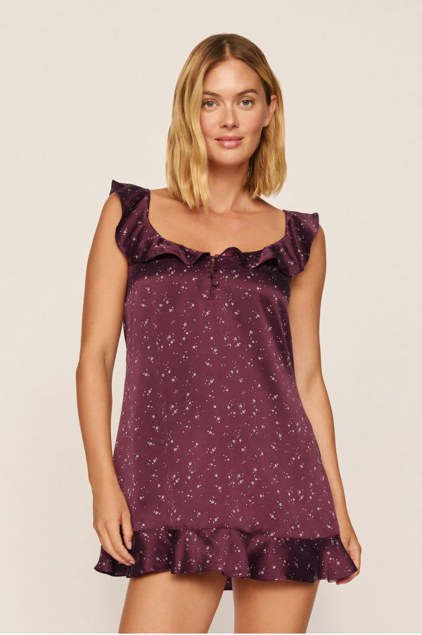 Washable Silk Printed Ruffle Babydoll Starlight Wildberry