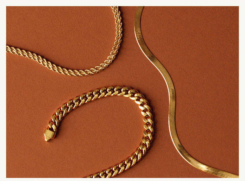Frame-by-frame animation of gold chain types (Herringbone, Link) appearing on brown background.