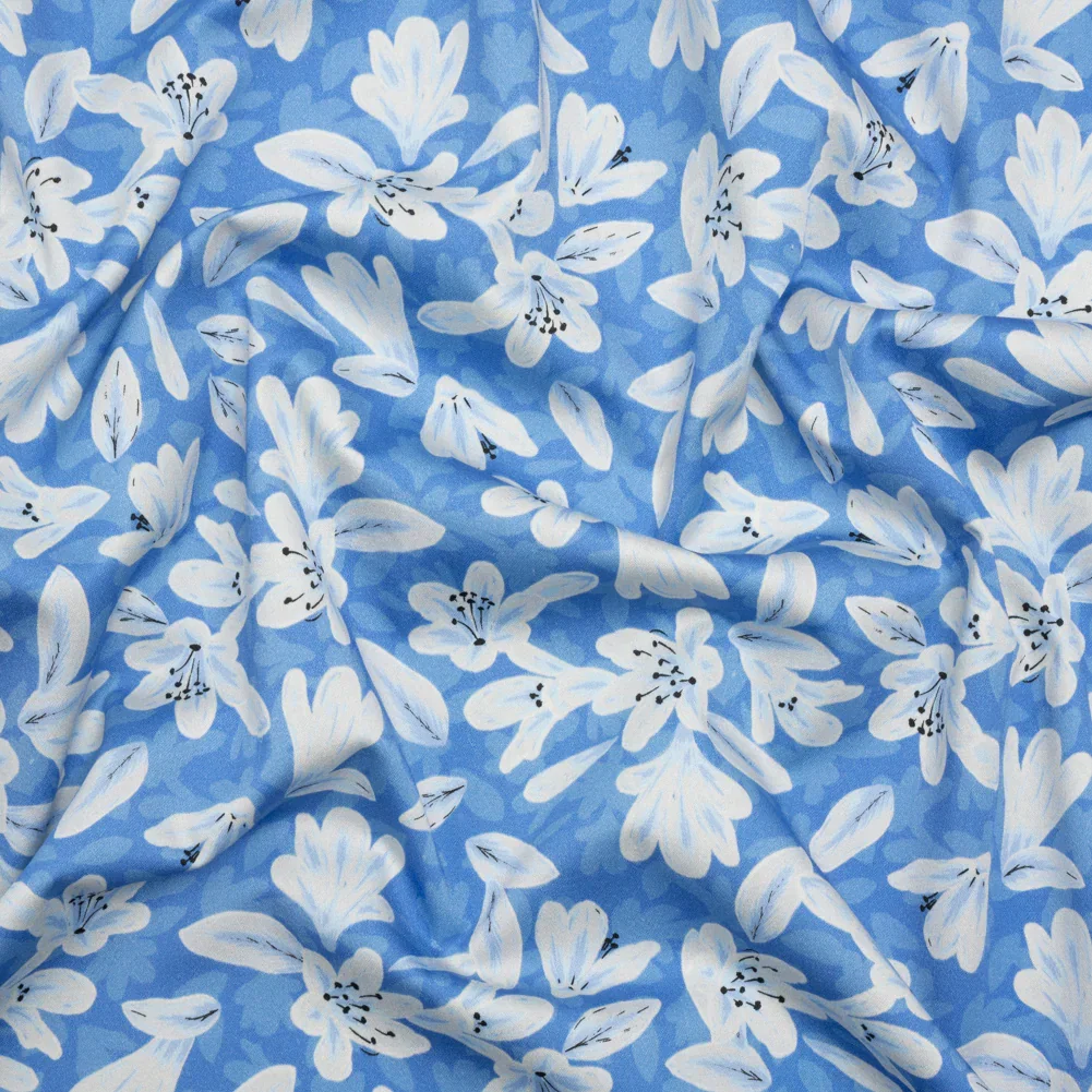 Image of Stretch Cotton Sateen - Blue Floral - Daybreak Bloom Print - Mood Exclusive Chariot Collection