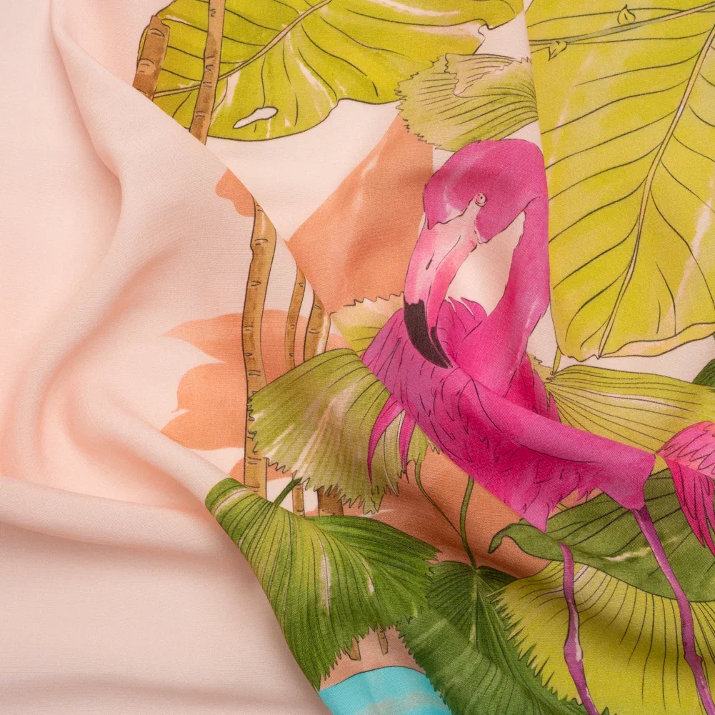 Image of Sustainable Viscose Woven Print - Peach Flamingos and Leaves - Mood Exclusive Forever Everglades