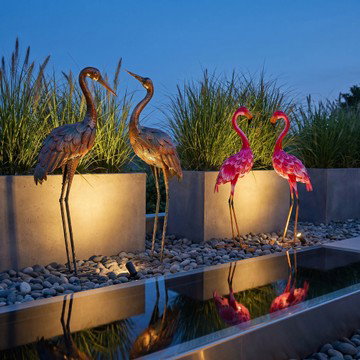 2-Piece Metal Crane & Flamingo Garden Statues – Outdoor Yard & Lawn Decor