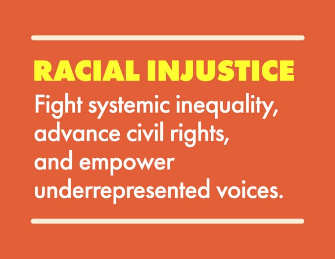 Racial Injustice: Fight systemic inequality, advance civil rights, and empower underrepresented voices.