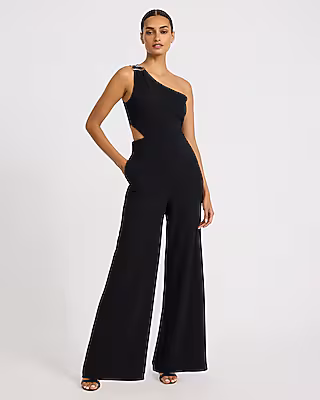 Crepe One Shoulder Gold Hardware Cutout Jumpsuit with Pockets