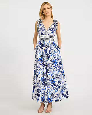 Cotton Poplin Printed Tie Strap Smocked Waist Maxi Dress with Pockets