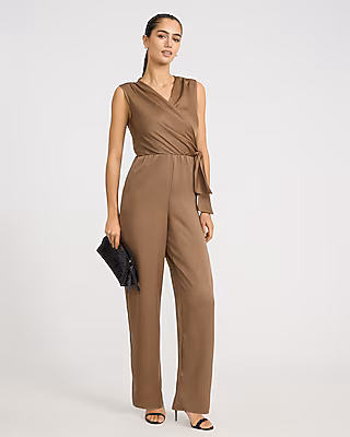V-Neck Tie Waist Metallic Wide Leg Jumpsuit