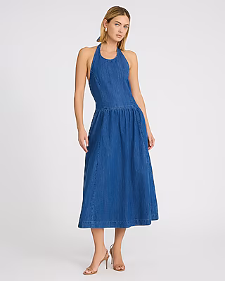 Denim Halter Drop Waist Fit and Flare Smocked Back Midi Dress