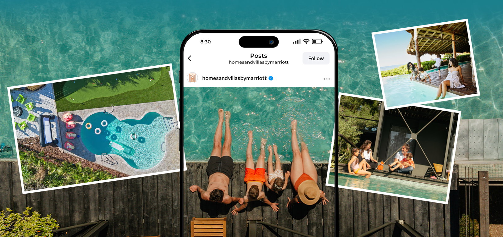 Phone displaying a social post beside photos of pools, private homes, and destination properties.