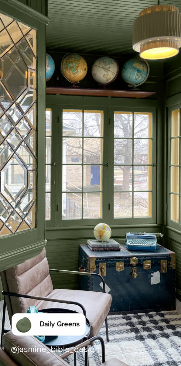 Sunroom featuring hunter green paint color Daily Greens