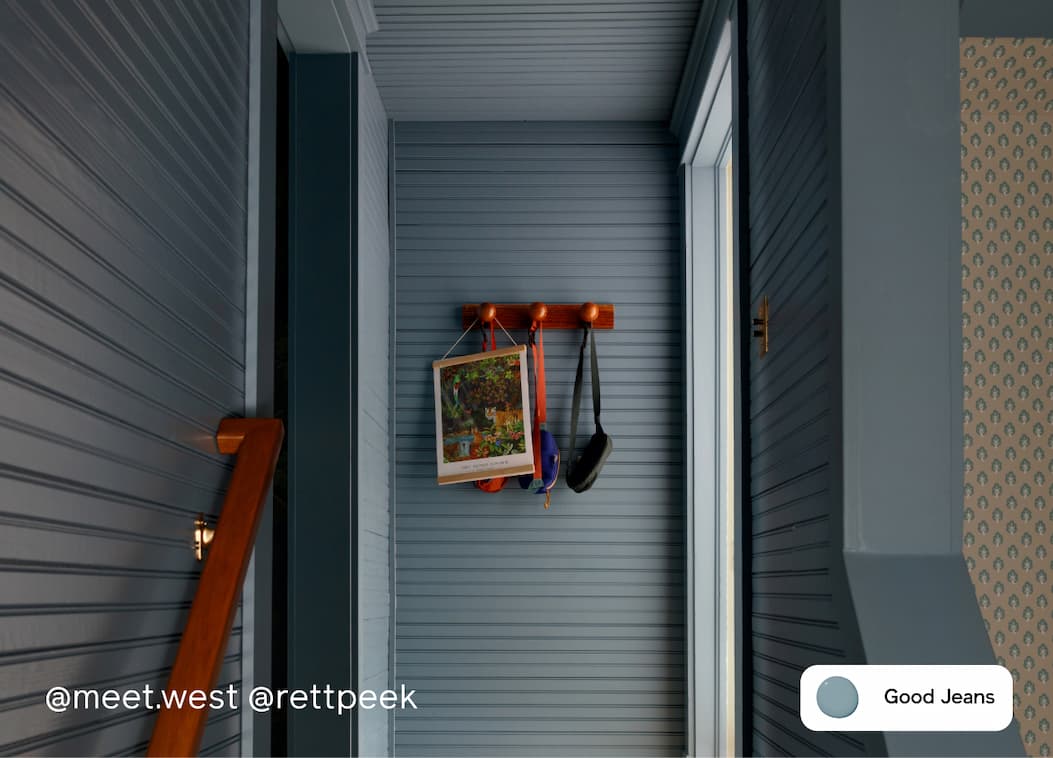 Hallway featuring denim blue paint color Good Jeans