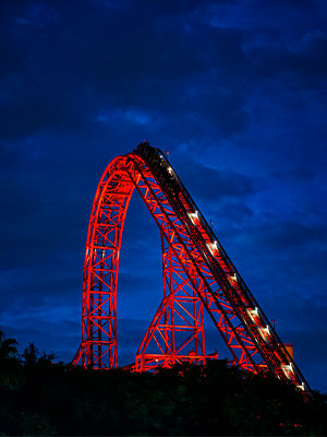 The roller coaster Iron Gwazi during Howl-O-Scream at Busch Gardens