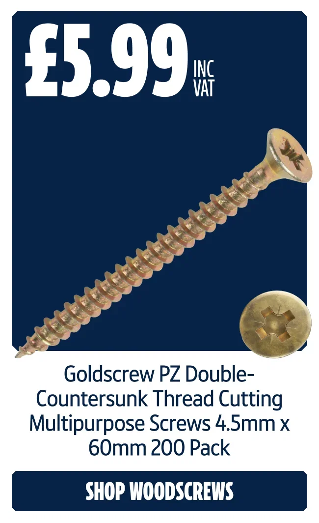 Only £5.99 inc VAT Goldscrew PZ Double-Countersunk Thread Cutting Multipurpose Screws 4.5mm x 60mm 200 Pack. Shop Woodscrews.