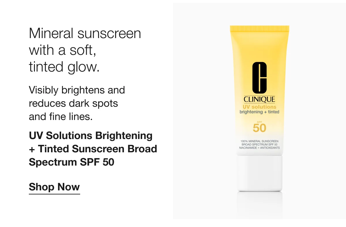 Mineral sunscreen with a soft, tinted glow. | Visibly brightens and reduces dark spots and fine lines. | UV Solutions Brightening + Tinted Sunscreen Broad Spectrum SPF 50 | Shop Now