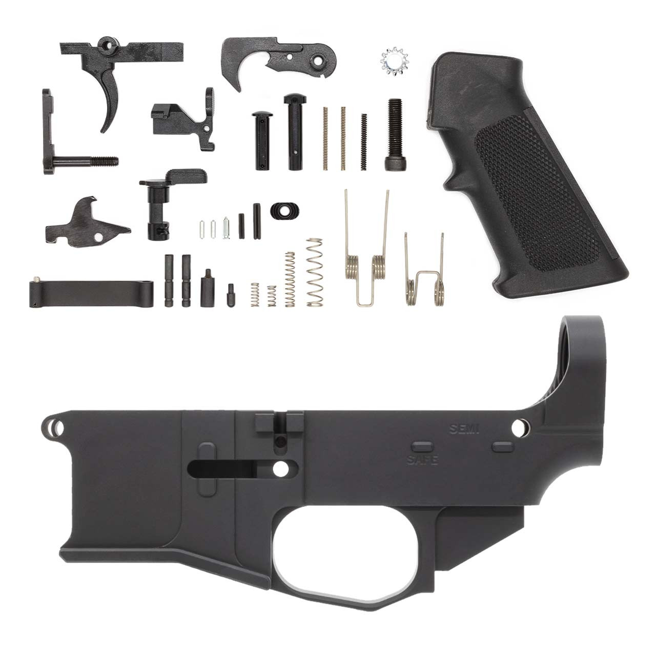 Image of Premium 80% Lower - Fire/Safe Marked - Billet w/ Mil-Spec AR15 Lower Parts Kit