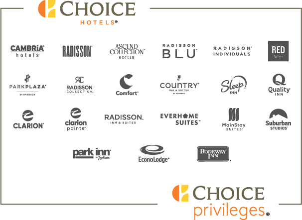 Choice Hotels and Radisson Brand Logos - | CAMBRIA HOTELS | RADISSON BLU | RADISSON | RADISSON RED | ASCEND HOTEL COLLECTION | RADISSON COLLECTION | RADISSION INDIVIDUALS | PARK PLAZA - BY RADISSON | COMFORT | COUNTRY INN & SUITES - BY RADISSON | QUALITY INN | SLEEP INN | CLARION | CLARION POINTE | PARK INN - BY RADISSON | RADISSION INN & SUITES | EVERHOME SUITES | MAINSTAY SUITES | SUBURBAN STUDIOS | ECONOLODGE | RODEWAY INN |