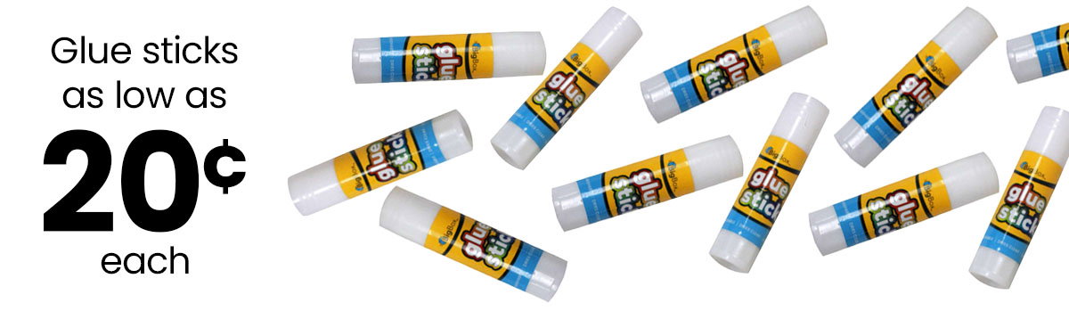 Glue sticks starting at 20¢ each.