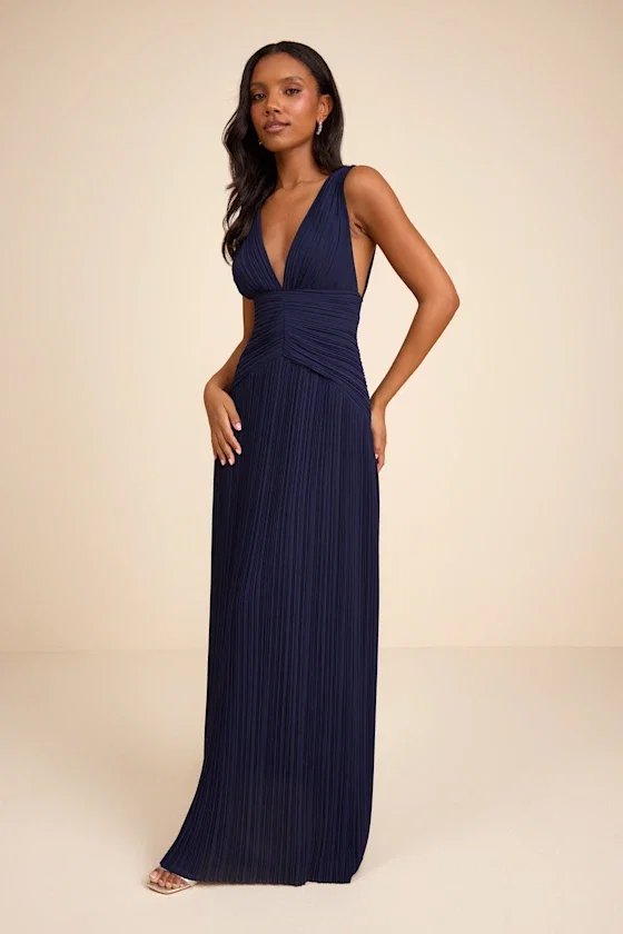 Image of Kelina Navy Blue Pleated Drop Waist Maxi Dress