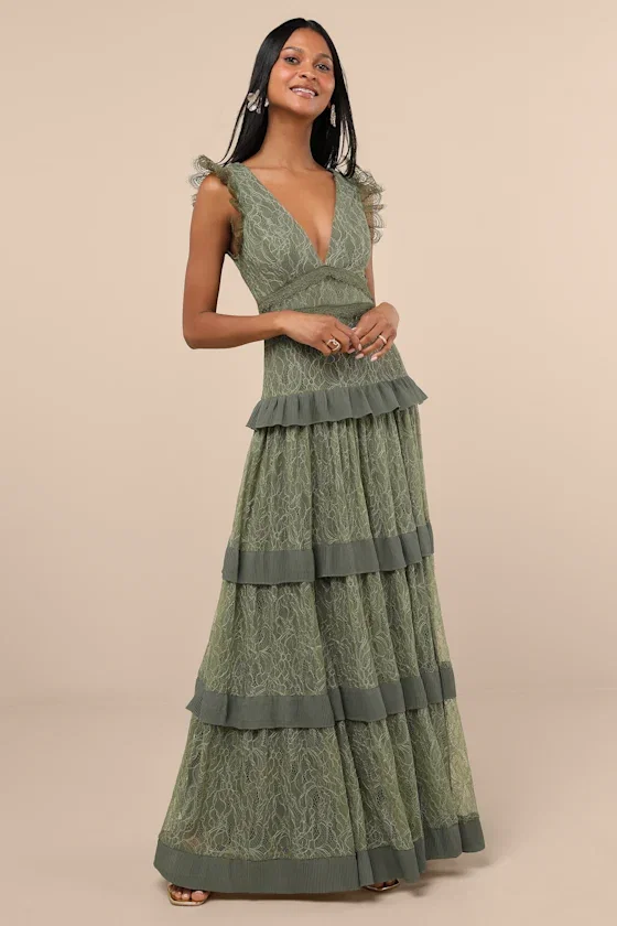 Image of Marvelous Darling Olive Lace Ruffled Tiered Maxi Dress