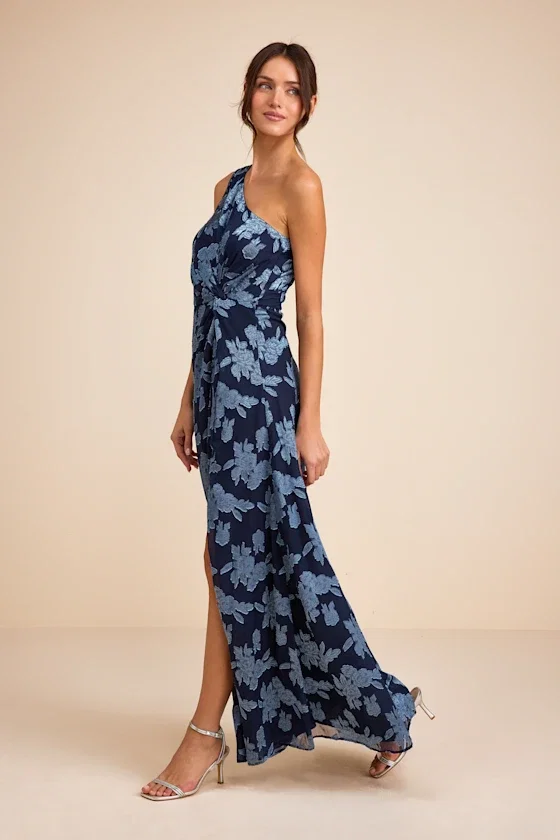 Image of Renni Navy Blue Floral Jacquard One-Shoulder Maxi Dress