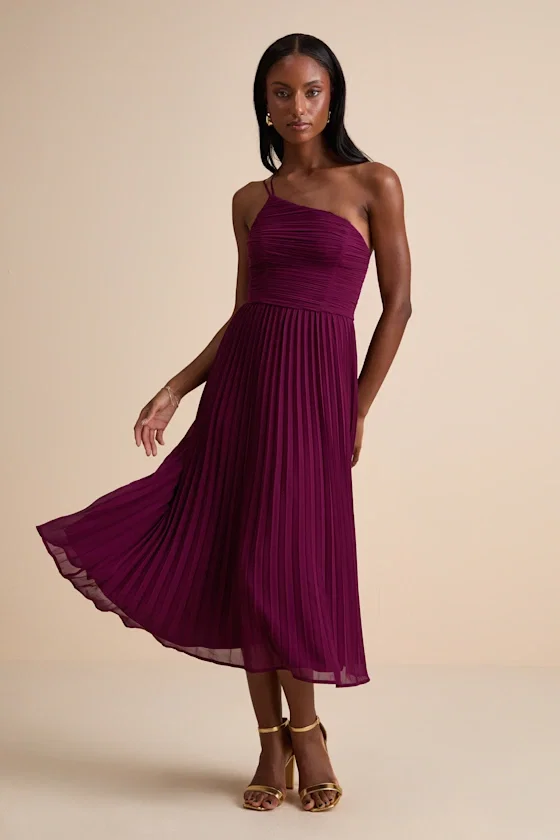 Image of Wondrous Muse Plum Pleated One-Shoulder Midi Dress