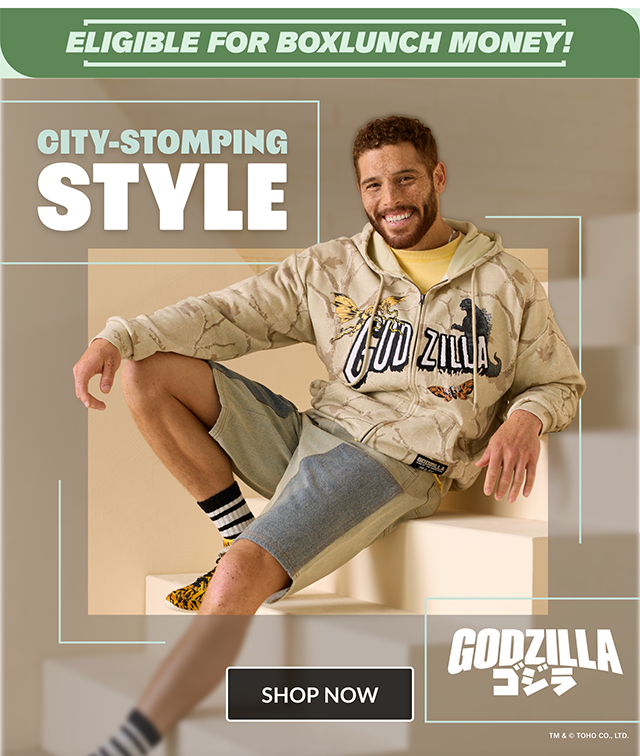BL and Godzilla. City-stomping style! Exclusively at BoxLunch! Shop now
