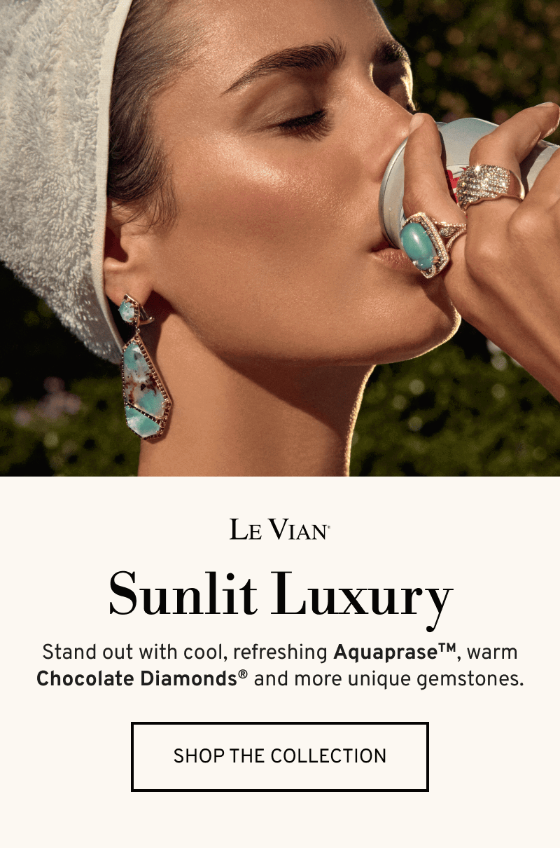 Taylor Hill wearing gemstone jewelry. Le Vian. Refreshing Aquaprase & warm Chocolate Diamonds. Click to Shop The Collection