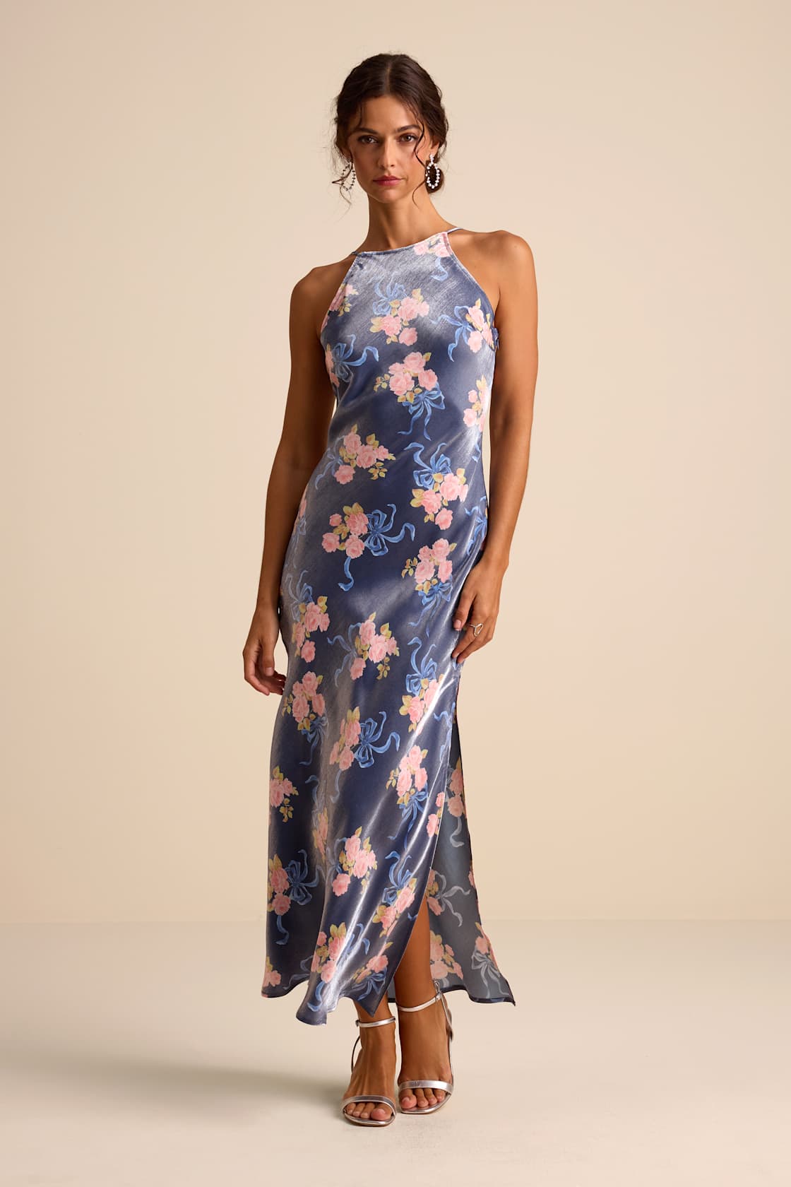 Image of Mannon Slate Blue Floral And Bow Print Backless Maxi Dress