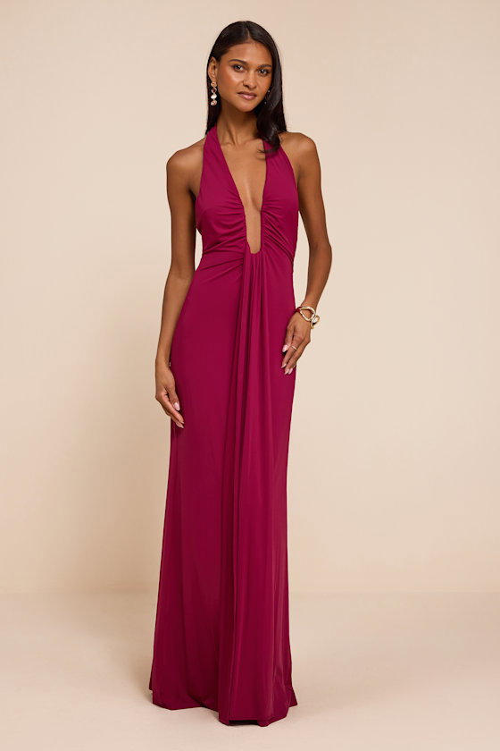 Image of Dorena Berry Red Jersey Knit Halter Sash Maxi Dress
