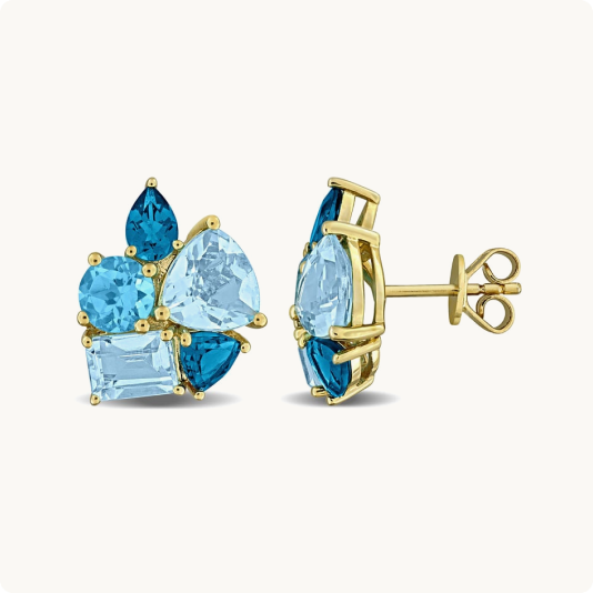 Sky Blue Topaz, London Blue Topaz & Swiss Blue Topaz Cluster Stud Earrings in Gold Plated