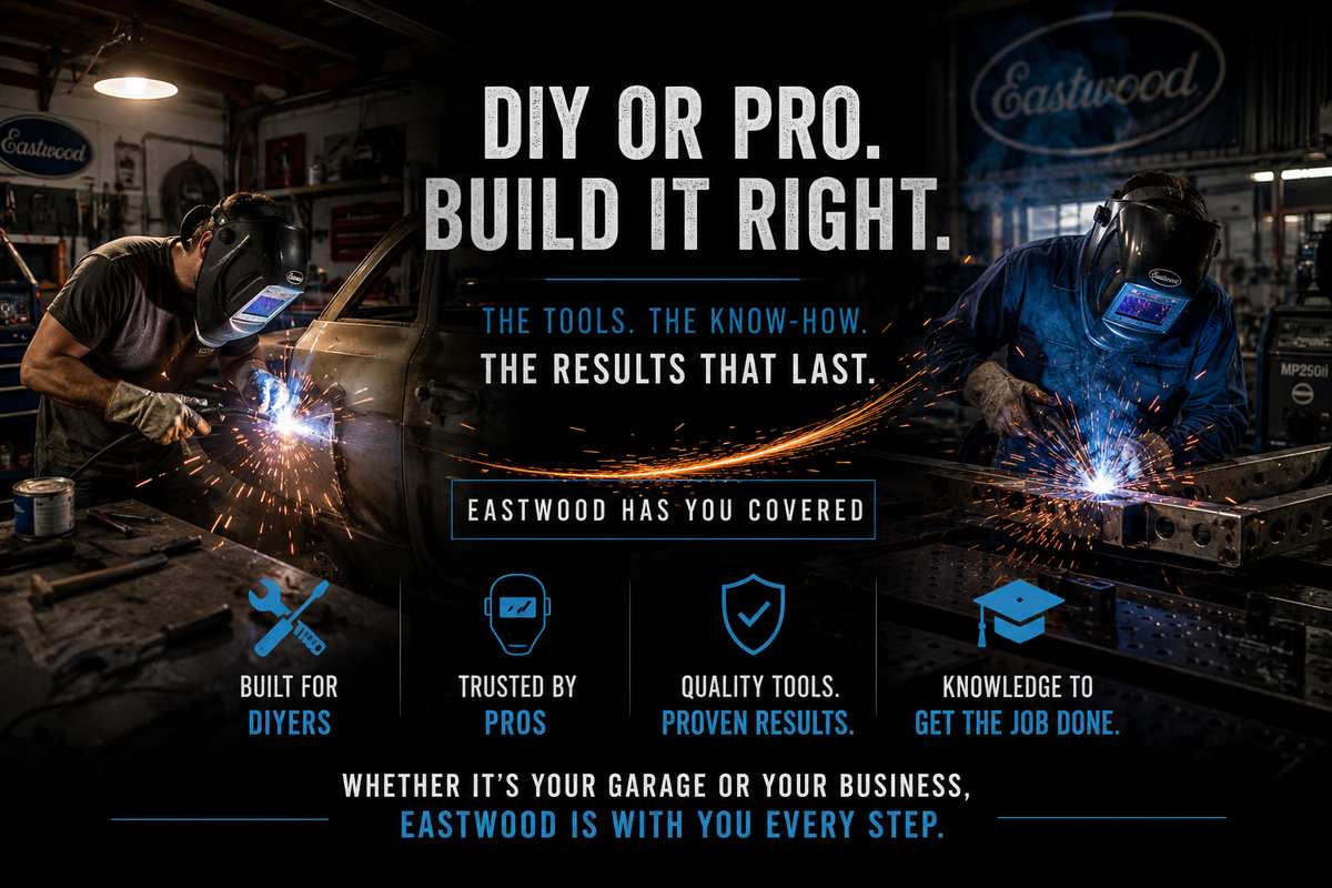 DIY and professional welders working on automotive projects with Eastwood welding tools.