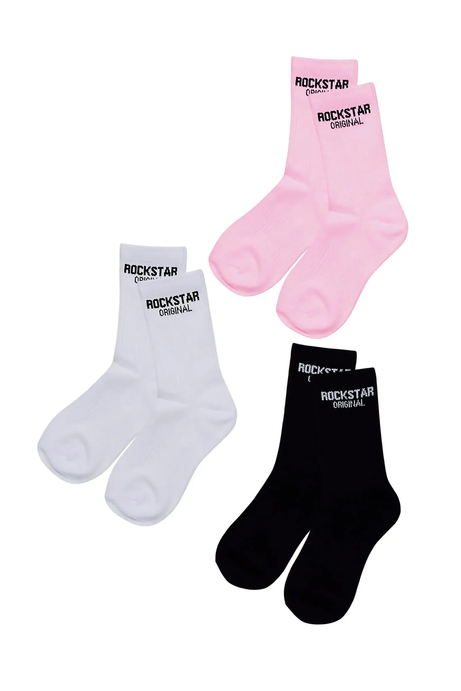 Image of Girls Youth Rockstar Dist Black/Pink/White Basic Socks 3 Pack