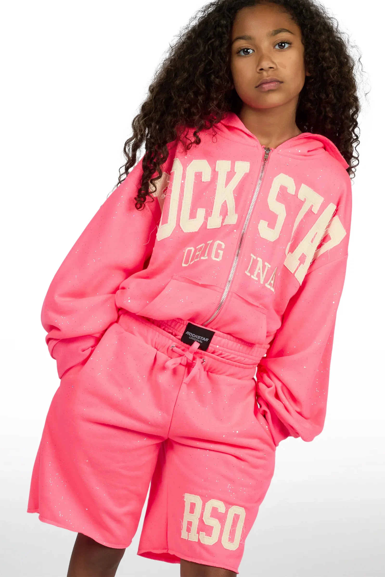 Image of Girls Akilana Pink Glitter Hoodie Double Waisted Short Set