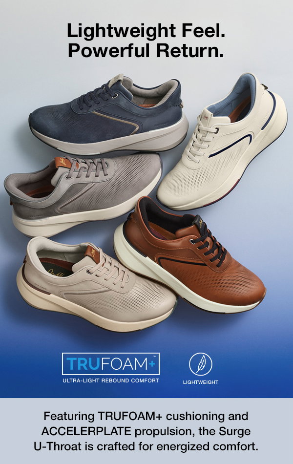 Five Surge U-Throat sneakers in blue, gray, white, tan, and brown displayed on a blue gradient background. Text reads: 