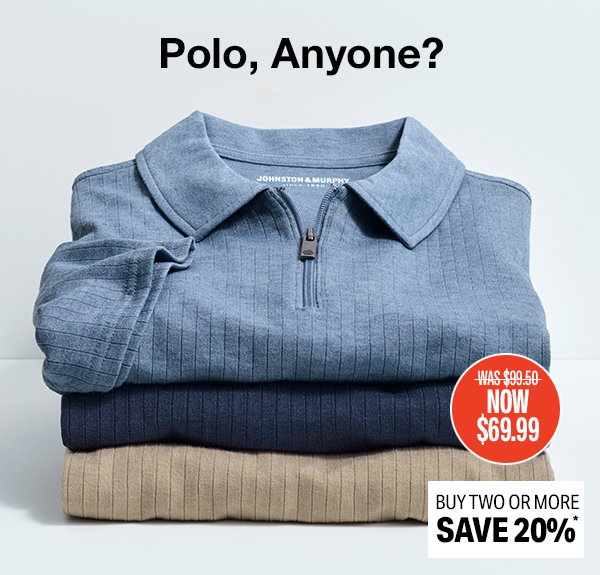 Three ribbed quarter-zip polos in light blue, navy, and tan stacked on a light background. Text reads: 