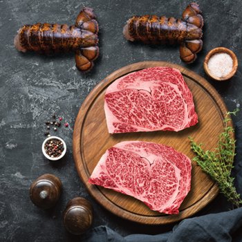 Authentic Wagyu Japanese A5, Surf & Turf Pack, (2/17-20 Oz. Cold Water Lobster Tails with (2/14 Oz.Per Steak) Japanese A5 Wagyu Ribeye Steaks