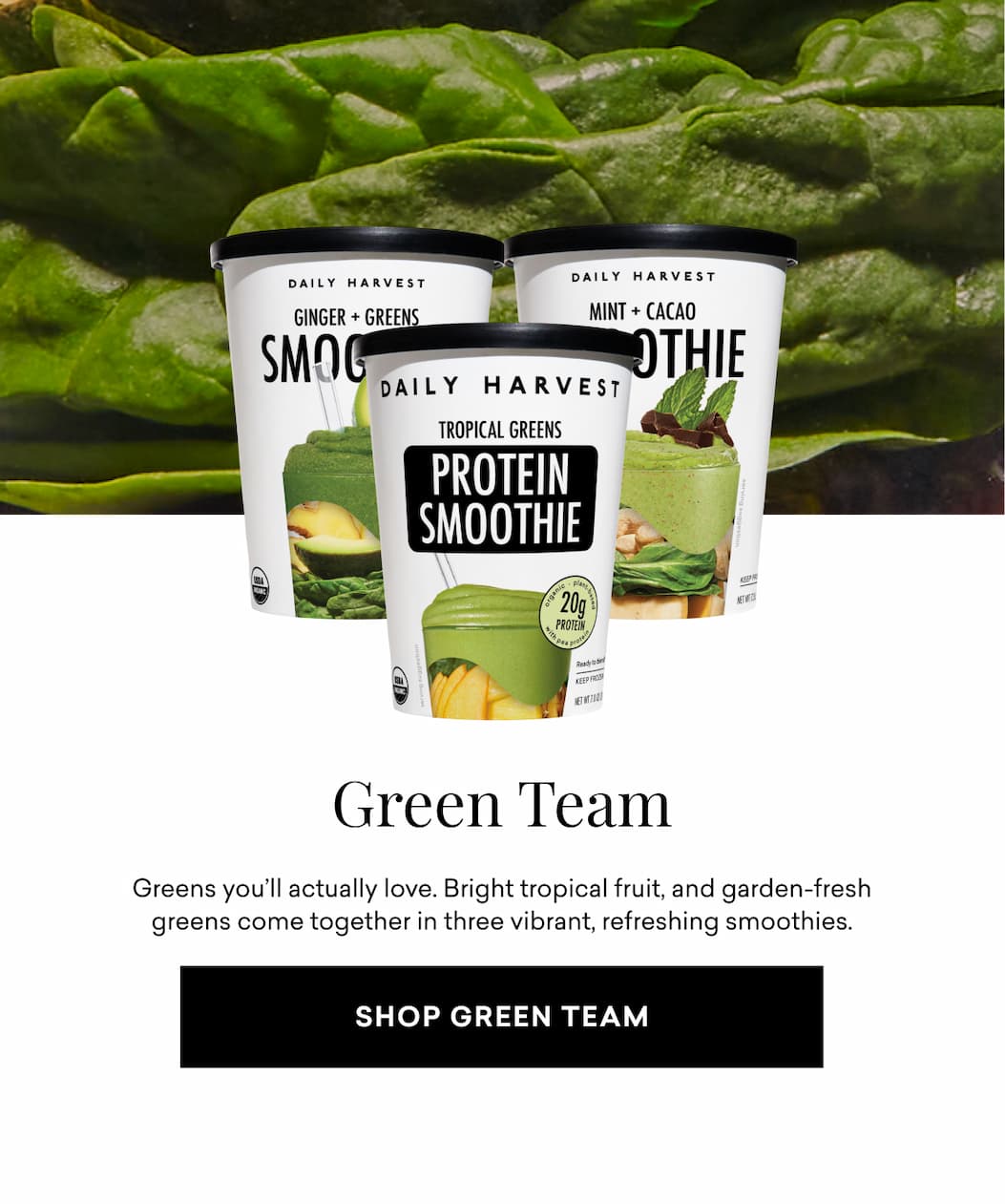 Green Team: Greens you’ll actually love. Bright tropical fruit, and garden-fresh greens come together in three vibrant, refreshing smoothies.